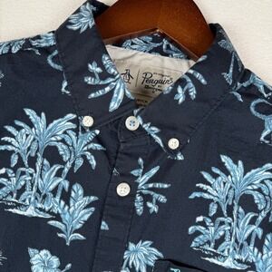 Original Penguin Hawaiian Button Up Shirt Mens S Navy Blue Monkey‎ Tree Floral